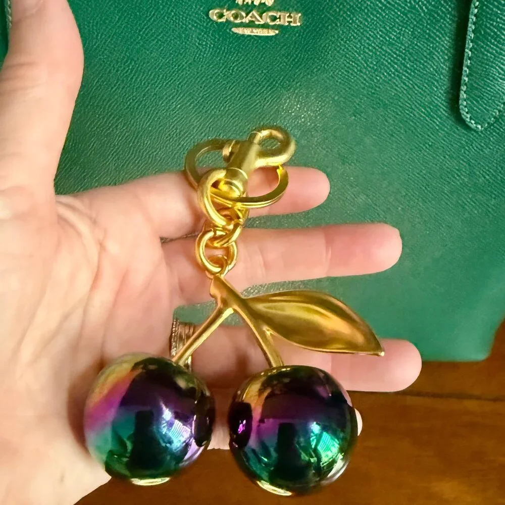 NEW Iridescent Rainbow Cherry Bag Charm & Lobster Clasp Keychain in Gold Tone